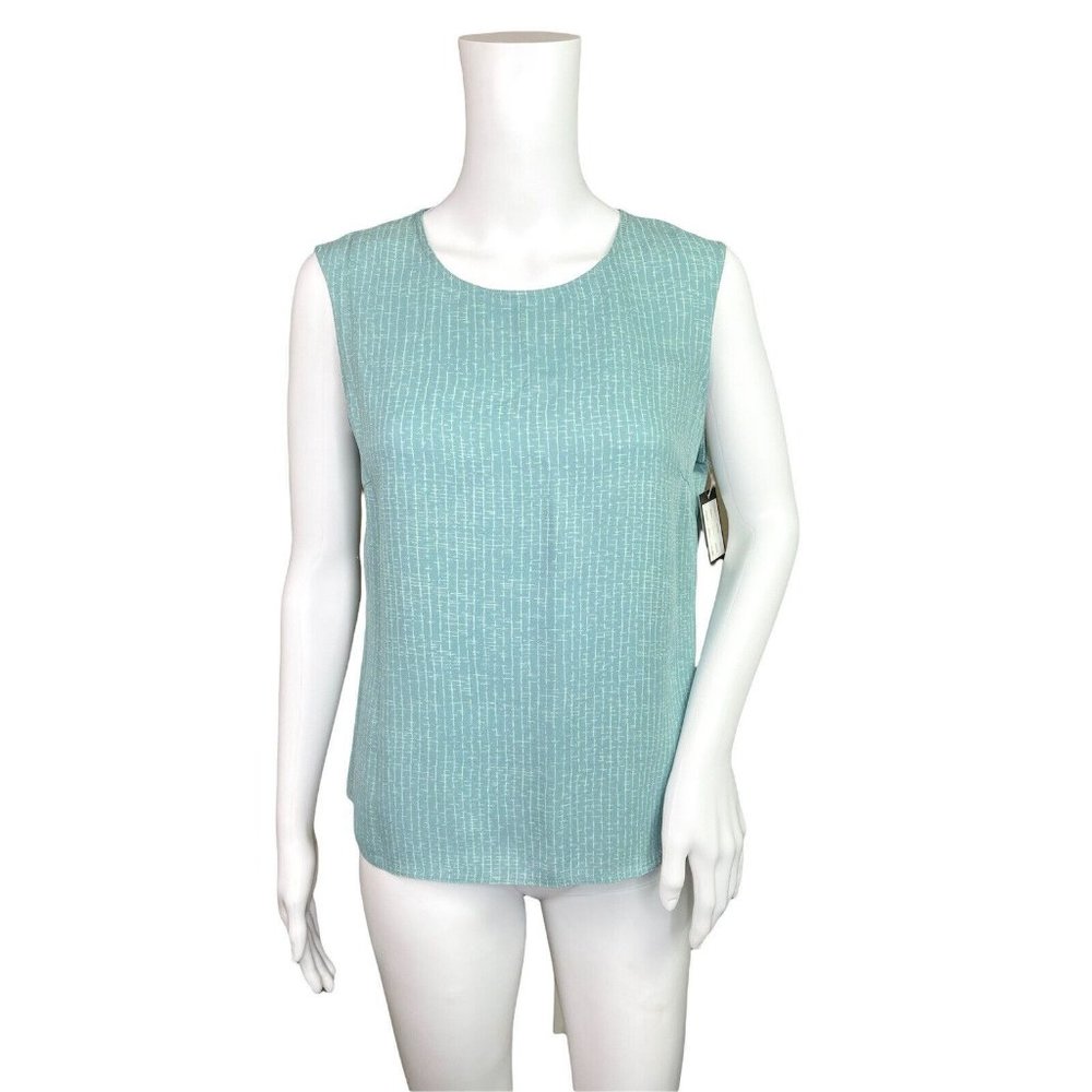 Due Per Due Sleeveless Crew Neck Printed Silk Blouse Tank Top Green White 10